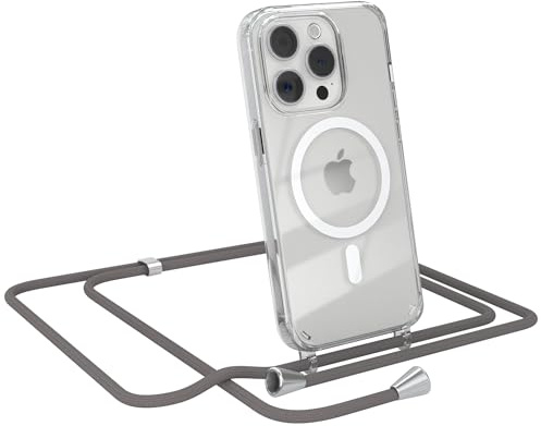 EAZY CASE - Handykette kompatibel mit iPhone 15 Pro Kette zum Umhängen Stoßfest Handyhülle für iPhone 15 Pro Silikon Hülle mit Band Handytasche Transparent als Fallschutz in Anthrazit