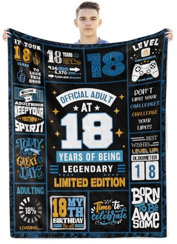 BTZO 18th Birthday Gifts for Boys,18th Birthday Gift Ideas for 18 Year Old Boys,18th Black Birthday Decorations Throw Blanket for Teen Son Grandson Nephew