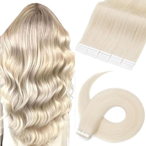 TESS Tape Extensions Echthaar 50g Platinblond 20 pcs Remy Human Hair Echthaar Extensions Tape 55 cm Tape-Haarverlängerungen Glattes (55 cm-Platinblond)