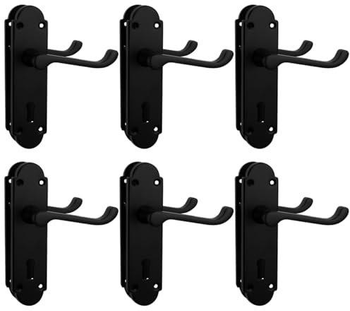 Bwintech 6 Sets Matt Black Richmond Lever on Plate, Latch Furniture, Backplate Door Handles, with Keyhole, Suitable for Wooden Doors