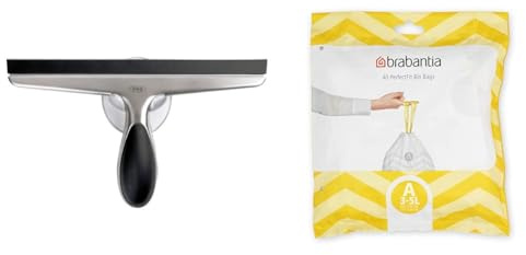 OXO Good Grips Stainless Steel Squeegee, White/Black & Brabantia PerfectFit Bin Liners (Size A/3 Litre) Thick Plastic Trash Bags with Tie Tape Drawstring Handles (40 Bags), White - Code a,137600