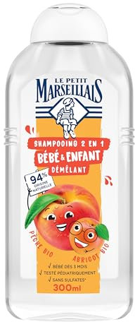 Le Petit Marseillais - Shampooing 2 en 1 Bébé & Enfant Démêlant Pêche Bio & Abricot Bio (300 ml) - 94% d'ingrédients d'origine naturelle
