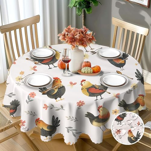 Herbst Tischdecke Rund 150 cm Abwaschbar Hühner Tischdecke Fleckschutz Pflegeleicht Wasserdicht Tischtuch aus Polyester Tischdecken für Küche, Esstisch, Couchtisch, Party, Garten