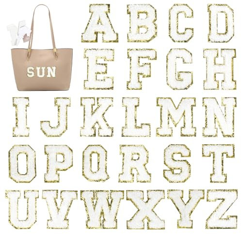 Piriuuo 26 Stück Alphabet Aufnäher, Selbstklebende Buchstabenaufkleber Chenille-Buchstaben-Patches A-Z Buchstaben Patches Glitzer Aufnäher Waschbare Buchstaben für DIY-Kleidung, Stoff, Schuhe
