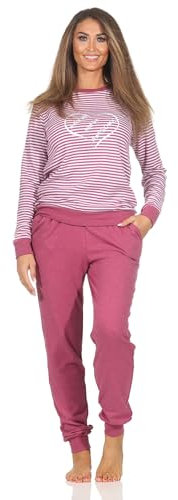 Normann Kuscheliger Damen Schlafanzug mit Bündchen und Herz-Motiv - auch in Übergrößen, Farbe:Beere, Größe:56-58