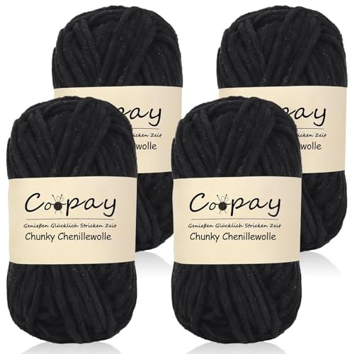 Coopay Wolle zum Häkeln,4 x 50g Chunky Wolle zum Häkeln Dickes Garn, Flauschige Dick Wolle zum Handstricken, Schwarz