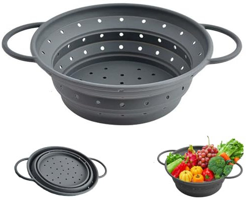 Faltbarer Seiher Sieb, Klappbar Abtropfsieb, Küchenzubehör Set, Küchensieb Faltbarer, Gemüse und Obstkörbe, Zum Kochen und Abtropfen, 21,5cm, Grau