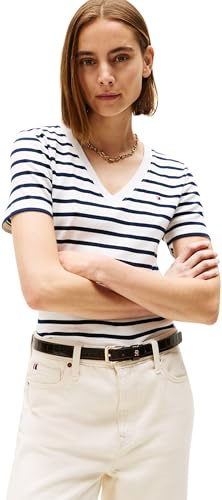Tommy Hilfiger Camiseta de Manga Corta Mujer New Slim Cody con Cuello de Pico, Multicolor (Breton/ECU/Dark Night Navy), S