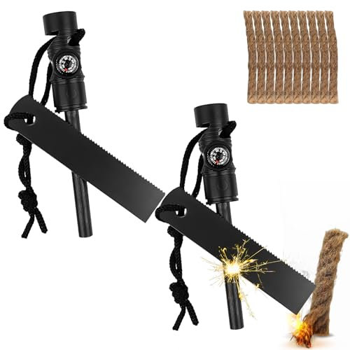 2 Set Feuerstahl Outdoor Feuerstein Survival, Feuerstein Survival für Bushcraft, Wasserfester Magnesium Stab Feuerstarter mit Kompass, Pfeife, Ersatz-Zunder für Wandern/Camping/Outdoor (Black)