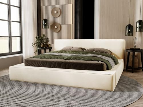 GRAINGOLD Mali Bett 180x200, Polsterbett mit Bettkasten, Polsterbett mit Stauraum, Samt, mit Lattenrost, mit Kopfteil, ohne Matratze (Beige, 180x200)