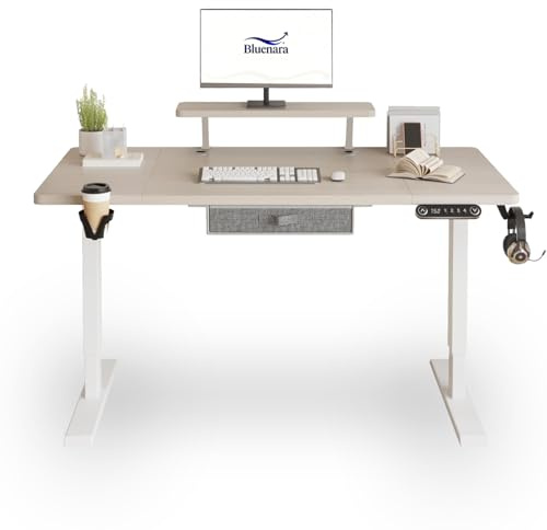 Bluenara – Höhenverstellbarer Schreibtisch Elektrisch mit LED-Anzeige & Monitorständer, 140x76 cm Stehpult – Höhenverstellbarer Tisch fürs Homeoffice, Eiche