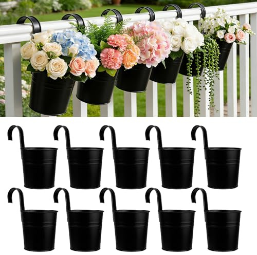 TEYIAN 10Pcs 10cm Metal Hanging Flower Pots Vase Bucket Hanging Plant Pots Hanging Garden Planter with Drainage Hole Balcony Fence Garden Planter Home Decor
