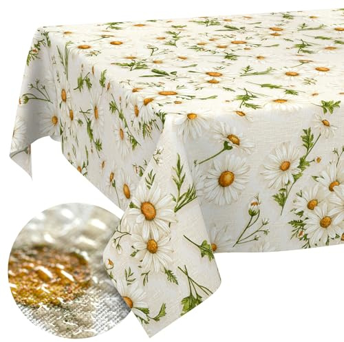 ANRO Tischdecke abwaschbar Margeriten Weiß 140x100 cm Gartentischdecke | waschbar bei 30 °C – ideal für Garten, Terrasse & Esszimmer – Tischwäsche aus beschichtetem Stoff