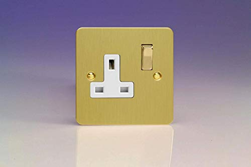 XFB4DW Varilight Ultra Flat Plate Brushed Brass 1 Gang 13A Switched Plug Socket White Insert