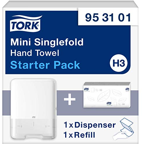 Tork Mini Singlefold Hand Towel Starter Pack 953101,Diseño de imagen-Dispensador de papel H3 Singlefold/C-fold en diseño de elevación+ Recambio de toallas de mano (250 hojas) -Delgado,Higiénico,Blanco