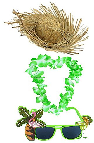 I LOVE FANCY DRESS Déguisement Accessoires hawaïen Vert du Parfait vacancier avec Un Chapeau en Paille + Un Collier de Fleurs + Une Paire de Lunettes pour Adulte.