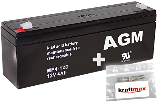 kraftmax 1x AGM 12V / 4Ah Blei-Akku - MP4-12D [ Faston 4,8 ] inkl. 2X Original Anschluß-Adapter