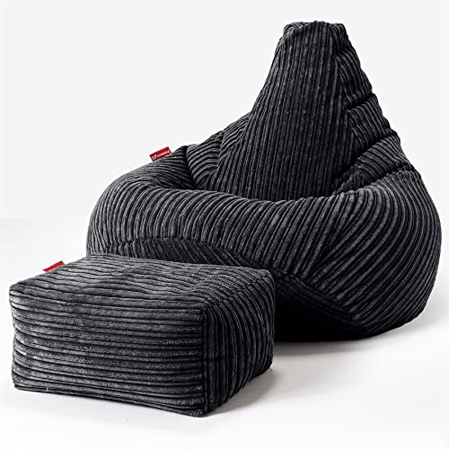 Lounge Pug, Gaming Sitzsack Sessel mit Hocker, Cord Schwarz