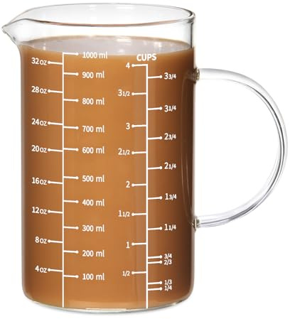 77L 4 Cup Glass Measuring Cup, [Insulated handle, V-Shaped Spout], High Borosilicate Glass Measuring Cup for Kitchen or Restaurant, Easy To Read, 1000 ML (1 Liter, 4 Cup)
