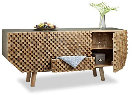 Native Home Sideboard 3D-Muster, Kommode Mango-Holz, Highboard 3 Schubladen, Anrichte massiv, HxBxT ca. 75 x 177 x 45 cm