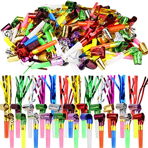 WEOXPR 144pcs Two Kinds of Noisemakers Blowouts Horns, Bulk Toys, Birthday Party Favors, New Years Accessory, Prizes for Kids Whistles and Streamers