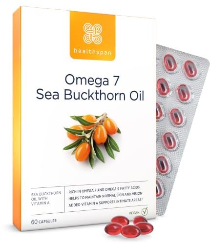 Healthspan Omega 7 Sea Buckthorn Oil 500mg | Women’s Health | High Levels of Omega 7 | Rich in Omega 9 Fatty Acids | Vitamin A | Carotenoids & Tocopherols | Vegan (60 Capsules)