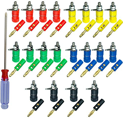 QitinDasen 40Pcs Premium 4mm Banana Plug Socket Connector Kit: 20Pcs Nickel Plating Banana Plug + 20Pcs Binding Post Terminal, for Speaker, Audio/Video Receiver, Amplifiers Systems (5 Colors)