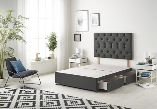 Bed Centre Charcoal Premier Divan Bed Base With Headboard And Storage Drawer- 3FT Single, 4FT Small Double, 4ft6 Double, 5FT King (Single 90 x 190 cm, 2 Drawer Same Side With Headboard)