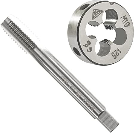 Aceteel Ensemble de tarauds et filières métriques M10 x 1,25, tarauds filetés M10 x 1,25 mm HSS et matrice de filetage rond en alliage d'acier à outils M10 x 1,25 mm pour main droite