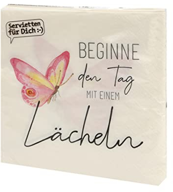 20 Servietten Beginne den Tag mit einem L?cheln | Schmetterling | Spruch | Text | Schrift | Fest | Party | Tischdeko 33x33cm