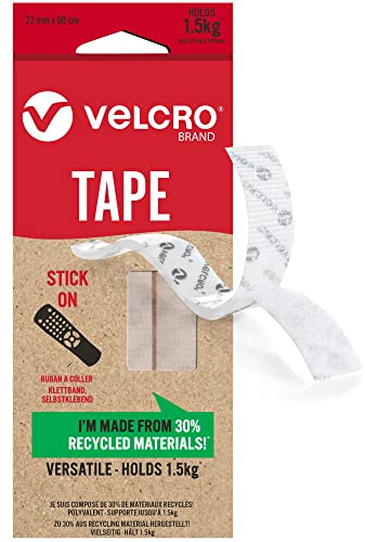 Velcro Marque | Ruban Eco adhésif | Ruban Autocollant Résistant à Crochets et Boucles, à Découper sur Mesure | Parfait pour la Décoration de Pièce et L’usage Domestique | Blanc | 22 mm x 90 mm