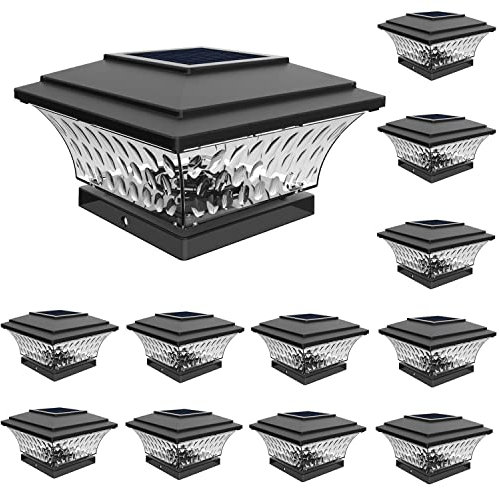 HUYIENO Solar Post Cap Lights Outdoor LED Lighting Deck Fence Cap Light Two Light Modes Warm White/Bright White Suitable for 4x4 Wooden Posts (Black, 12pk)