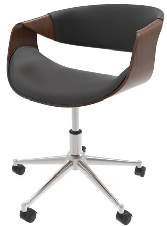 Fohfurniture Holz Bürostuhl, Breiter PU Leder Chefsessel, Frisiertischstuhl Moderner Computer Schreibtischstuhl aus Nussbaumholz, 360° drehbar, höhenverstellbar mit Home Office (Curve, Schwarz)