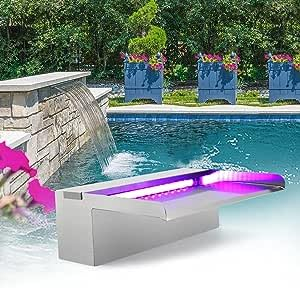 LONGRUN Edelstahl Wasserfall Überlauf, APP Kontrolle Multi-Farben LED-Licht Draussen Pool Brunnen, Koi Teich Wasserfälle Brunnen Kit für Garten Terrasse Pool Dekoration-90x20x10cm
