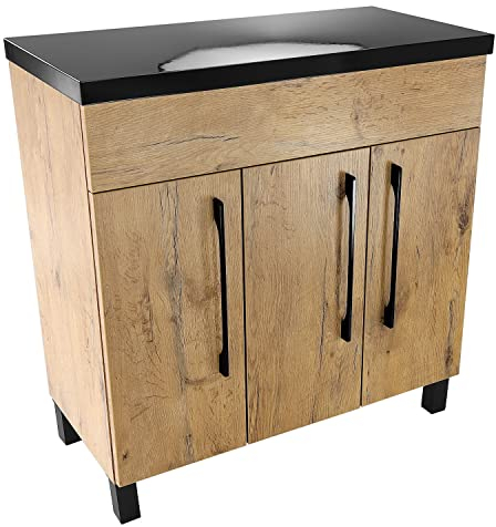 paplinskimoebel - Waschbeckenunterschrank mit Aufsatz 80 cm Breit Vittoria, Badezimmerschrank mit Arbeitsplatte, Unterschrank für Aufsatzwaschbecken, Waschtischunterschrank Holz - Eiche + Schwarz