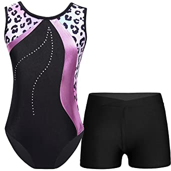 iEFiEL Mädchen Glitzer Turnanzug Ärmellose Leotards Rückenfrei Ballettanzug mit Strass Ballettkleidung Gymnastikbody Tanzkostüm Rosa Leopard 122-128