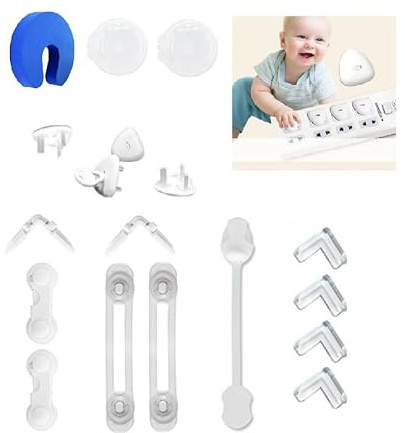 S&D, Baby Safety kit Child Security Set Includes Corner Protectors, Baby Proofing Set, Plug Covers, Toilet Lock, Oven knob Cover Drawer Strap Lock, Cupboard Latch, Door Stopper (Essential 18 Pieces)