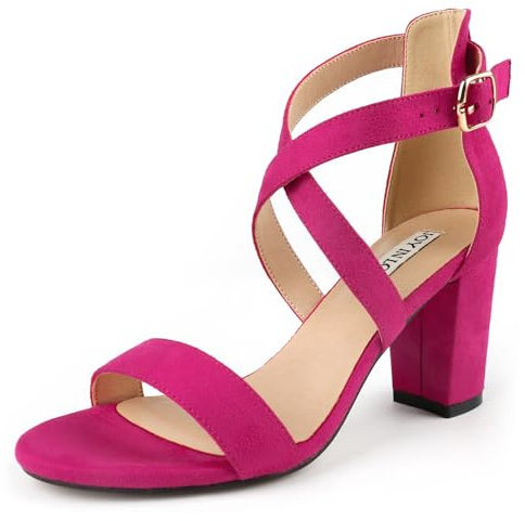 JOY IN LOVE Women's Chunky Block Heels 3 Inch Ankle Strap Low Heel Sandals, Fuchsia Suede, 5 UK