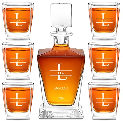 Maverton Carafe et Verres personnalisés - 800ml Bouteille avec 6 Verres à Whisky de 250ml - Accessoires bar pour hommes - Service à Whisky pour papa - pour anniversaire - Initiale