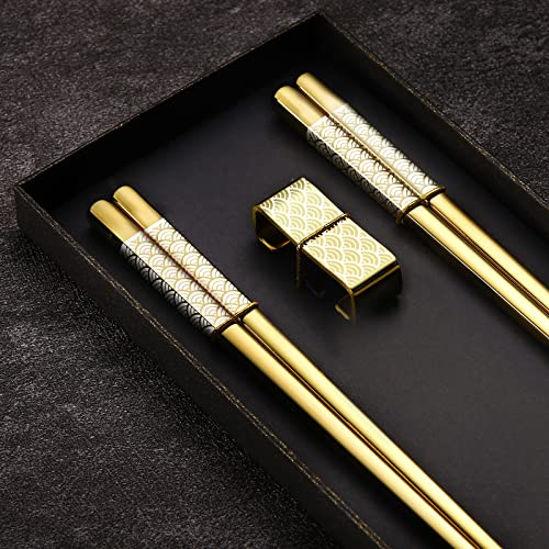 TIICOO Baguettes Réutilisables 2 Paires de Baguettes en Acier Inoxydable avec Support, Style Léger, Ensemble Cadeau de Baguettes de Style Japonais Lavables au Lave-Vaisselle(Doré)