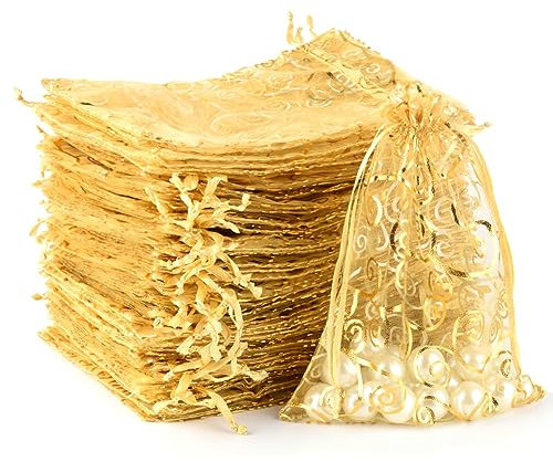 MAOOY 100PCS Gold Organza Bags, 15×20cm Wedding & Party Favour Drawstring Gift & Candy Pouches, Christmas Bags - Gold Vine Pattern Celebrate Gift Bag