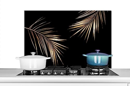 KitchenYeah© Fond de Hotte 80x55 cm Aluminium Crédence Cuisine Décoration Murale Crédence Plaque de Cuisson Anti Projection Feuilles - Plantes - Or - Noir - Luxe