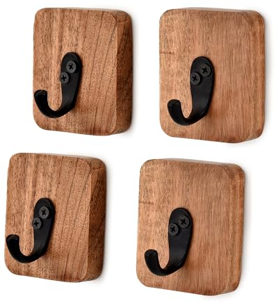 Samhita Acacia Wood Natural 4 PCS Wall Mounted Rustic Decorative Robe and Towel Hooks for Hanging Coat, Towel, Keys, Hat, Umbrella, Bag (7.62cm x 6.35cm x 1.90cm)