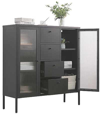 Mein-Regal Highboard Paris Schwarz Beistellschrank Wohnzimmer Aufbewahrungsschrank Metall Schrank Ablage und Glastüren, Kommode für Bücher und Deko LxBxH ca. 105x35x110 cm