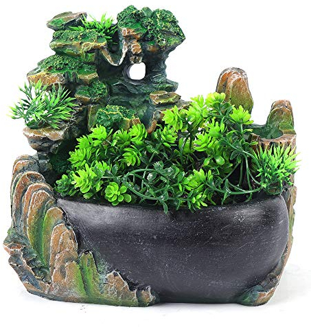 Fontana da interni in poliresina con LED, decorazione per bonsai, illuminazione da tavolo con giardino in pietra decorativa e stagno, gioco d'acqua, desktop, cascata con pompa per ufficio, soggiorno