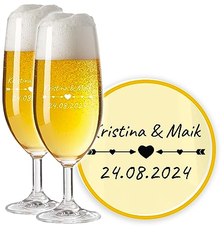 LALALO Leonardo Hochzeit Bierglas Geschenk-Set (2 St.) graviert, Biertulpe/Pilstulpe mit Gravur personalisiert als Hochzeitsgeschenk, Hochzeitstag, Standesamt (Liebespfeil)