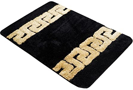 Luxus Badematte Badezimmerteppich Duschmatte Badvorleger in schwarz gold griechisches Mäander Muster 100% Acryl - rutschfest waschbar flauschig Fussbodenheizung geeignet saugfähig - 60 x 90 cm