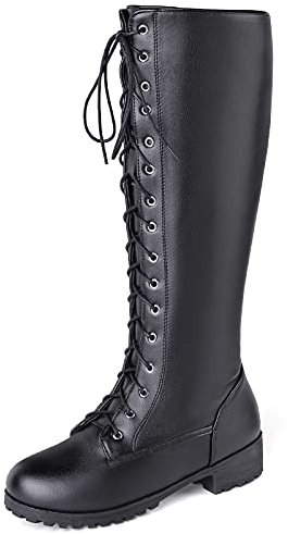 Gicoiz Moda Military Donna Cordoncino Casuale Stivali Alti Punta Rotonda Inverno Casuale Block Tacco Medio Stivali Comodo Combat Biker Booty Nero Numero 45 EU-47Cn