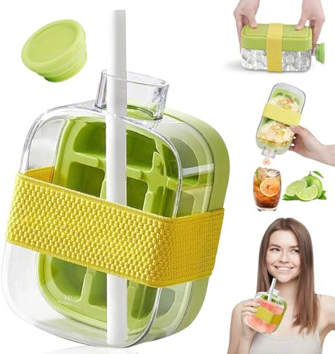 Ice Cube Bottle, Vertical Ice Cube Tray with Reusable Straw, 2 in 1 Touch-Free Ice Water Bottle with Lid and Bin, Easy-Release Silicone and Flexible Ice Trays Freezer 500ml for Home