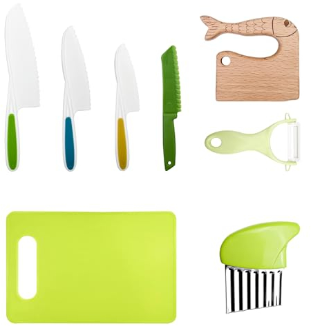 Lectorias Kindermesser Set, 8-Teiliges Kinder Messer Montessori ab 2 Jahre, Kindersichere Messer Küchenmesser, Kinder-Küchenmesser-Set zum Schneiden und Kochen von Obst Oder Gemüse für Kleinkinder